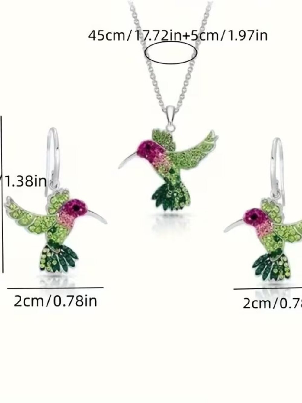Hummingbird Crystal Pendant Necklace and Earrings Set - Pink & Green - Picture 4 of 5